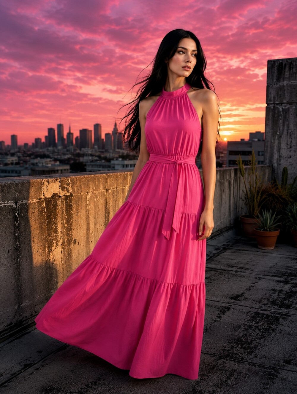 Loveappella Polish Pink Tiered Halter Maxi Dress Size Large NWOT
